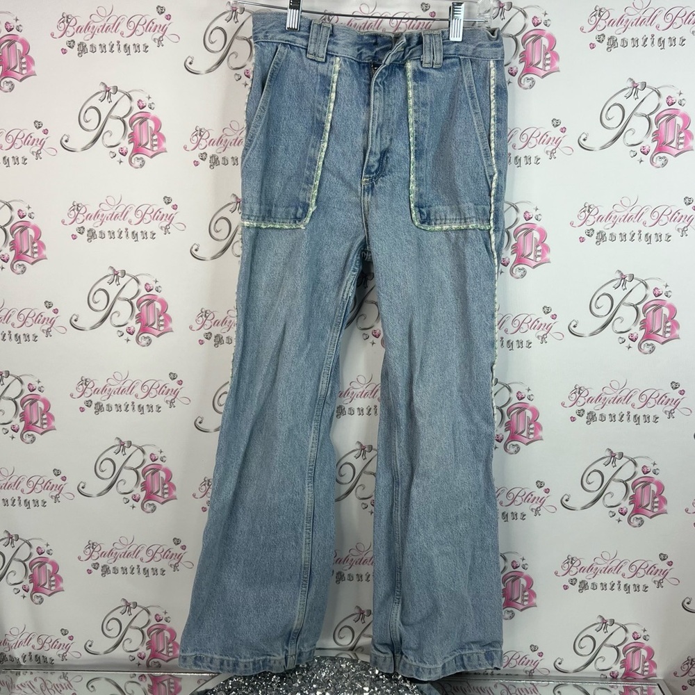 Zara pants denim crochet detail trim patchwork style Light Blue Denim Jeans